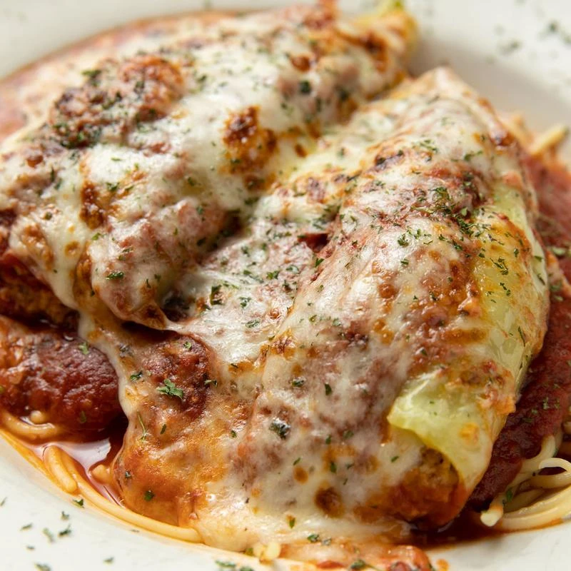 Chicken parmesan dish, closeup